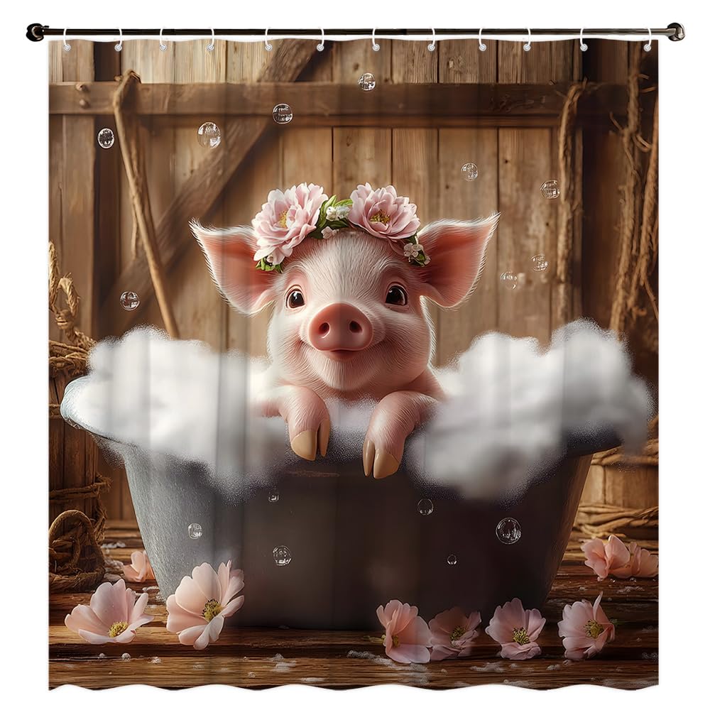 Funny Pig Shower Curtain Cute Pig Sitting in The Bathtub Taking a Bath Farmhouse Vintage Wooden Board Background and Bathroom Rules Polyester Fabric Bathroom Decorative Curtain (59