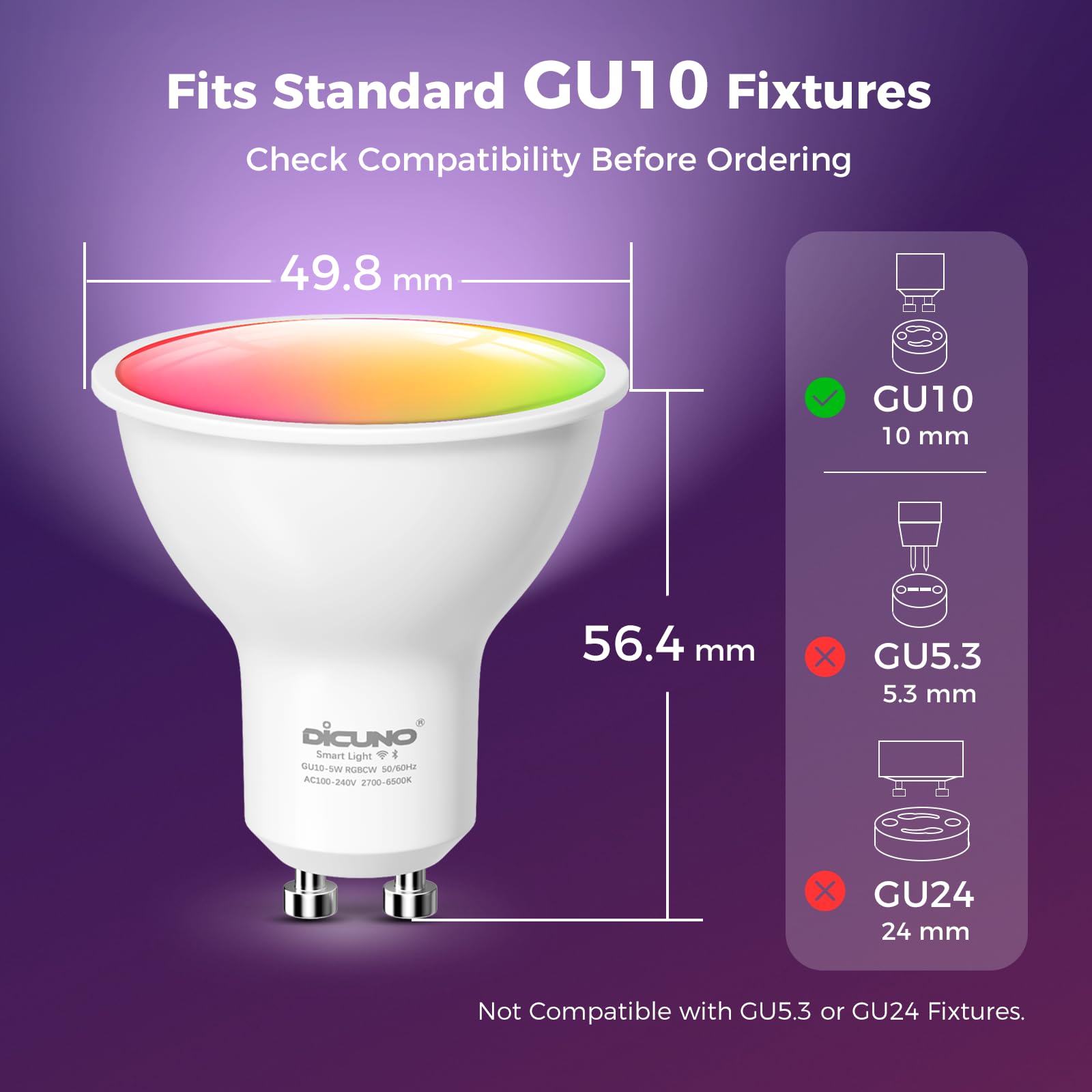 DiCUNO Bombilla LED Inteligente WiFi GU10, 5W Equiv. 50W, RGBCW, Pack de 4 | Regulable multicolor 2700K-6500K, 320lm, GU10 LED Compatible con Alexa, Google Home, No se Requiere Concentrador