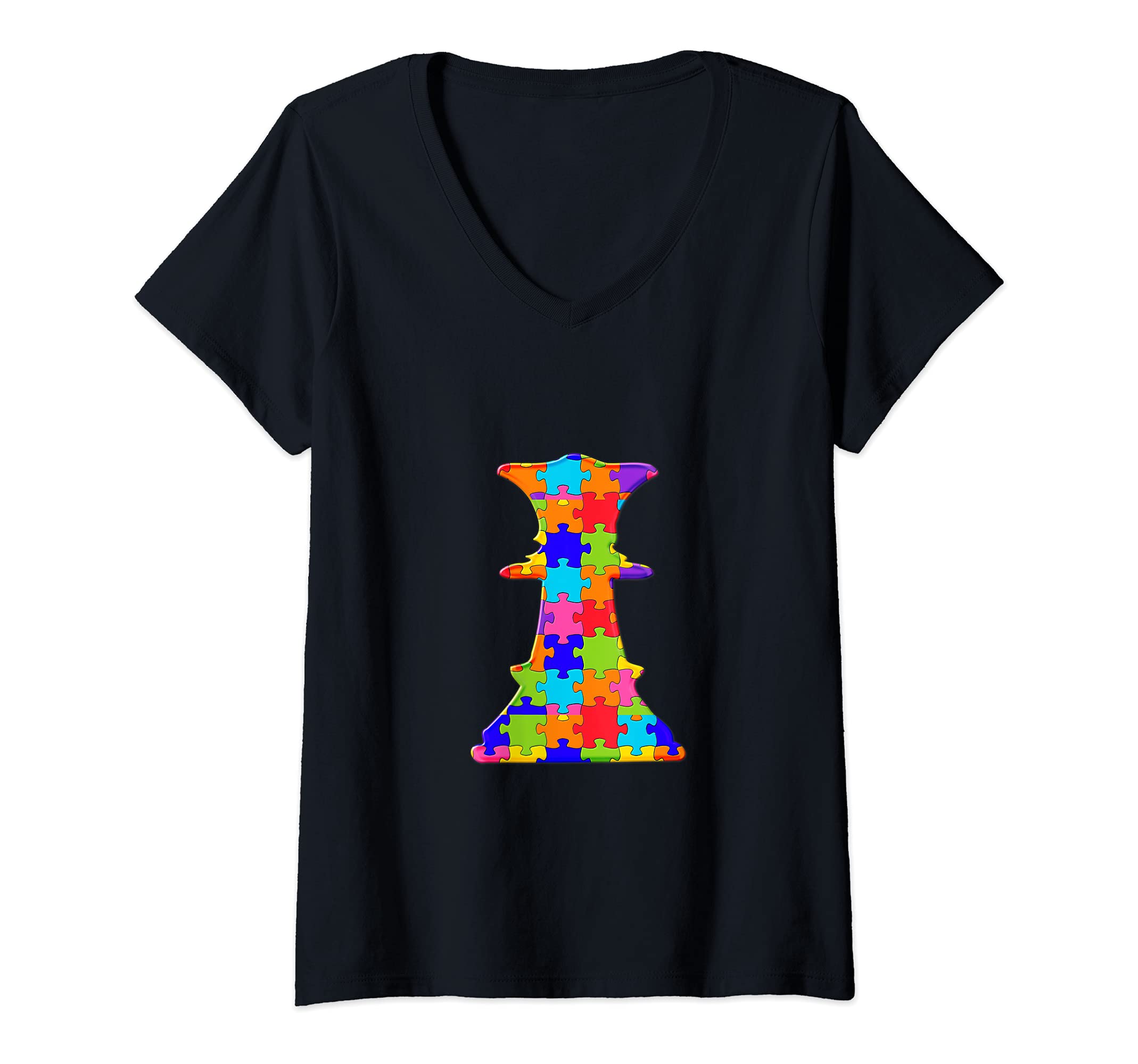 Womens Chess Queen Jigsaw Autism Puzzle V-Neck T-Shirt