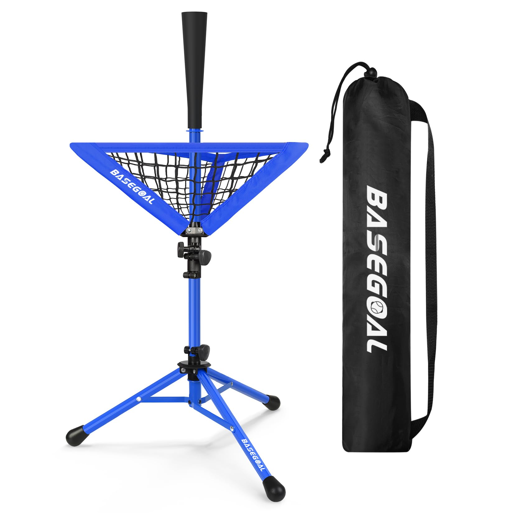 BaseGoal Baseball Softball Tee, Portable Batting Tee, Tripod Stand Rubber Tee for Hitting Training Practice with Removable Baseball Ball Caddy