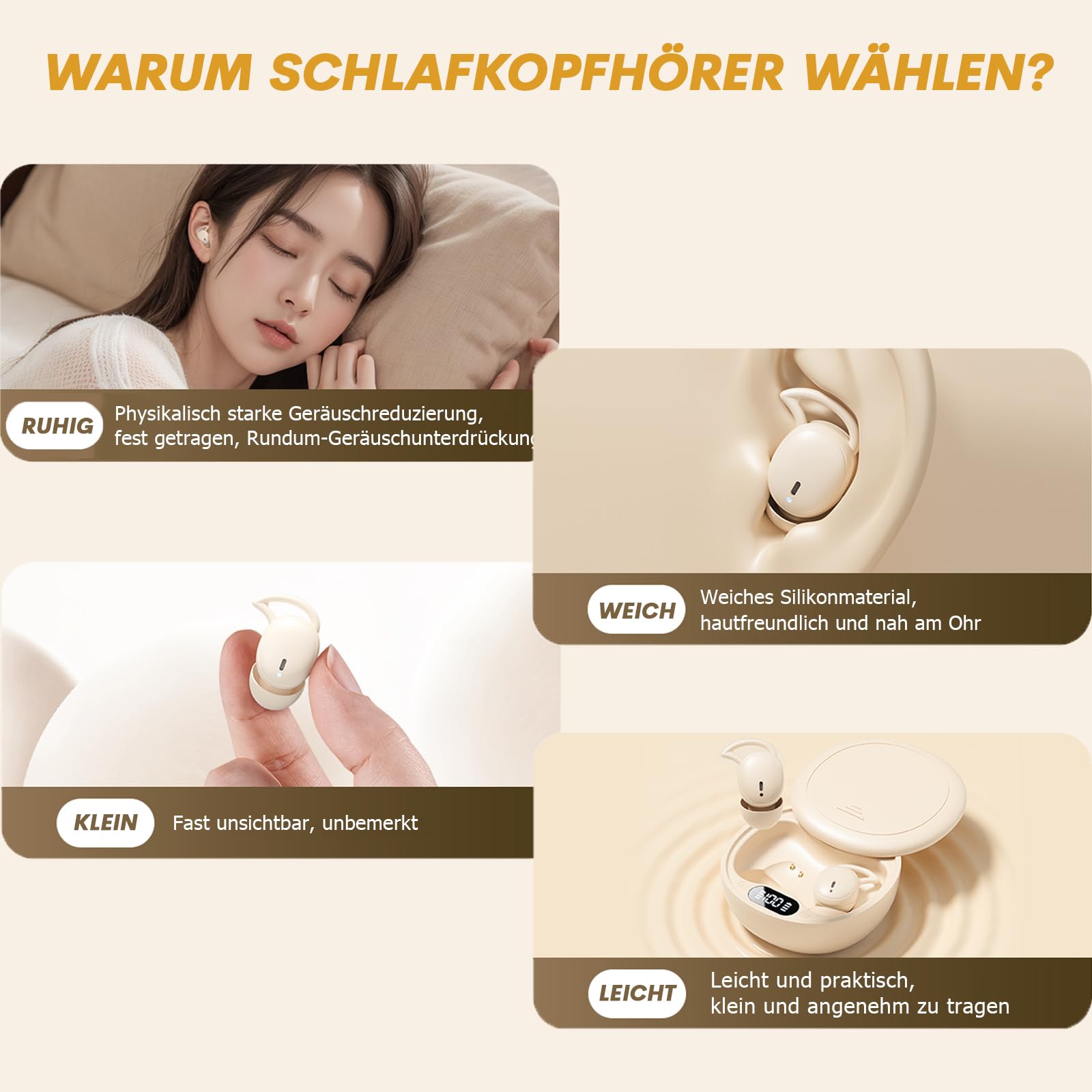 In-Ear Kopfhörer zum Schlafen kabllos Bluetooth Wireless Mini Sleep Earbuds Headphones Schlafkopfhörer im Ohr unsichtbar klein drahtlos schnurlos Ohrhörer Kopfhoerer für kleine Ohren Seitenschläfer
