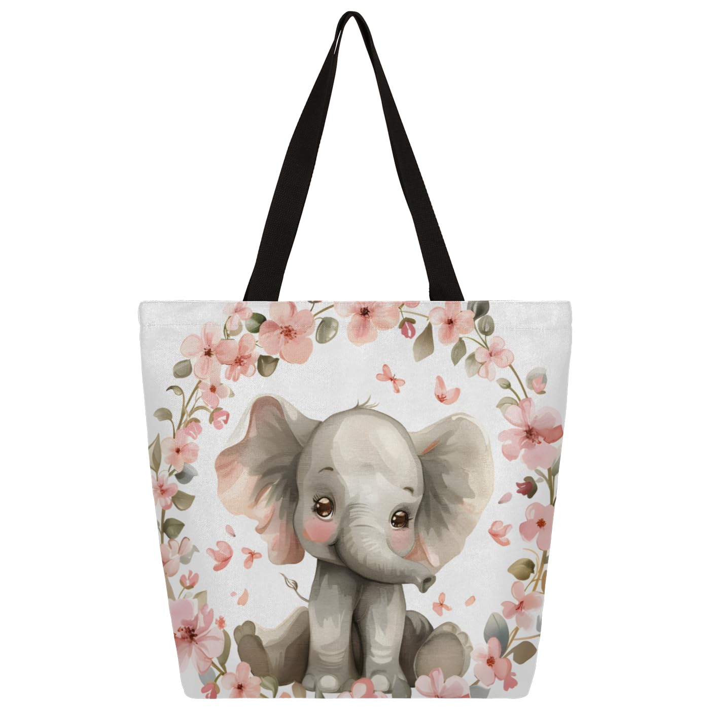 Mularoka Cute Elephant Garland Large Capacity Canvas Tote Bag Stylish Handheld Shoulder Bag Reusable Shopping Bag for Work Travel Beach Trips Shopping