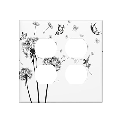 Dandelion Decorative Double Outlet Covers Wall Plate for Electrical Outlets 2 Gang Duplex Receptacle Cover Bedroom Faceplate 4.5 x 4.5 Inch Black Butterfly