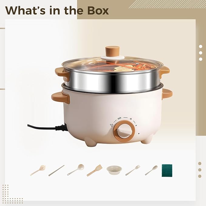 Olla Eléctrica con Vaporera, Antiadherente 8.7 pulg 2.6 Qt, Temp Ajustable, 800W, Blanco miniatura 4