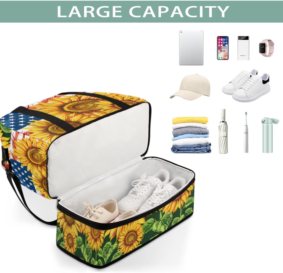 American Flag Sunflower Large Travel Duffel Bag for Women Men Gym Bag Weekender Overnight Bags With Shoe Compartment Foldie Travel Tote Bag Carry On Personal Item Bag for Travel Gym Sports