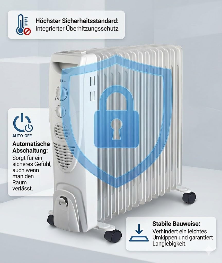 Ölradiator 2000W / 2500W | Mobiler Heizkörper mit Thermostat & 3 Heizstufen | Energiesparender Radiator auf Rollen | Überhitzungsschutz & Kontrollleuchte, Weiß (15-gliedrig, 2500, Watt, 230, Volt)