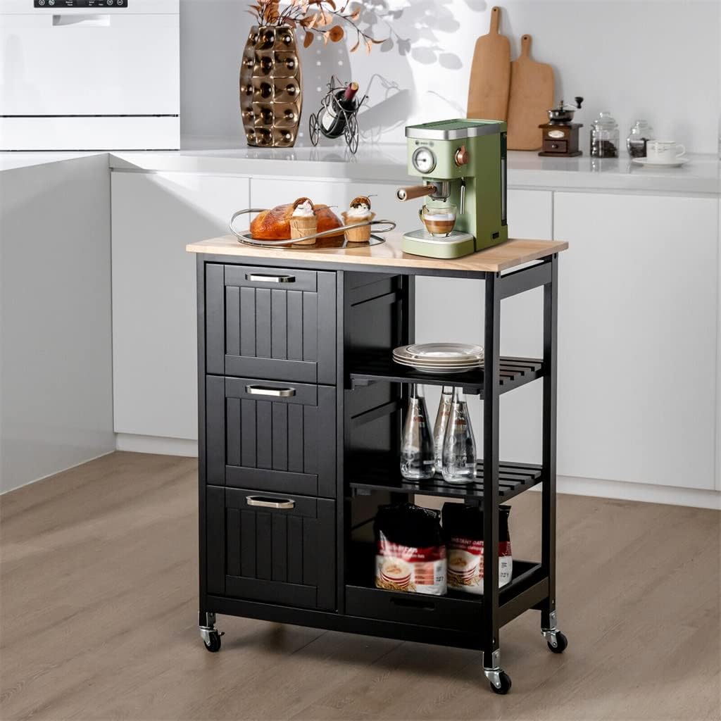Rolling Kitchen Island Multipurpose Storage Cart with 3 Storage Drawers and Shelves, Black (Color : D, Size : As Shown) (E As Shown)