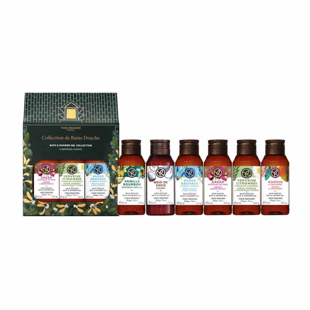 Yves Rocher Bain de Nature Geschenkset – 6 Mini-Duschgels à 50 ml – Mangue Koriander, Algue Sauvage, Kokosnuss, Vanille Bourbon, Argan Rose, Eisenkraut Zitrone – Duftende Pflege mit natürlichen Extrak