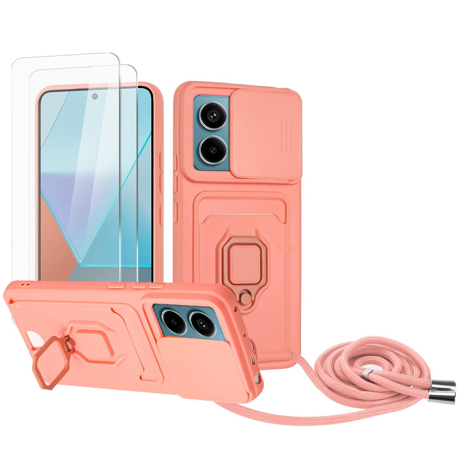 Zallagre Funda con Cuerda Compatible con Redmi Note 13 Pro 5G,[2 Packs Cristal Templado],Ranura para Tarjetas,Cubierta de Cámara Deslizante Proteger,360 Anillo Soporte-Morado — view 58