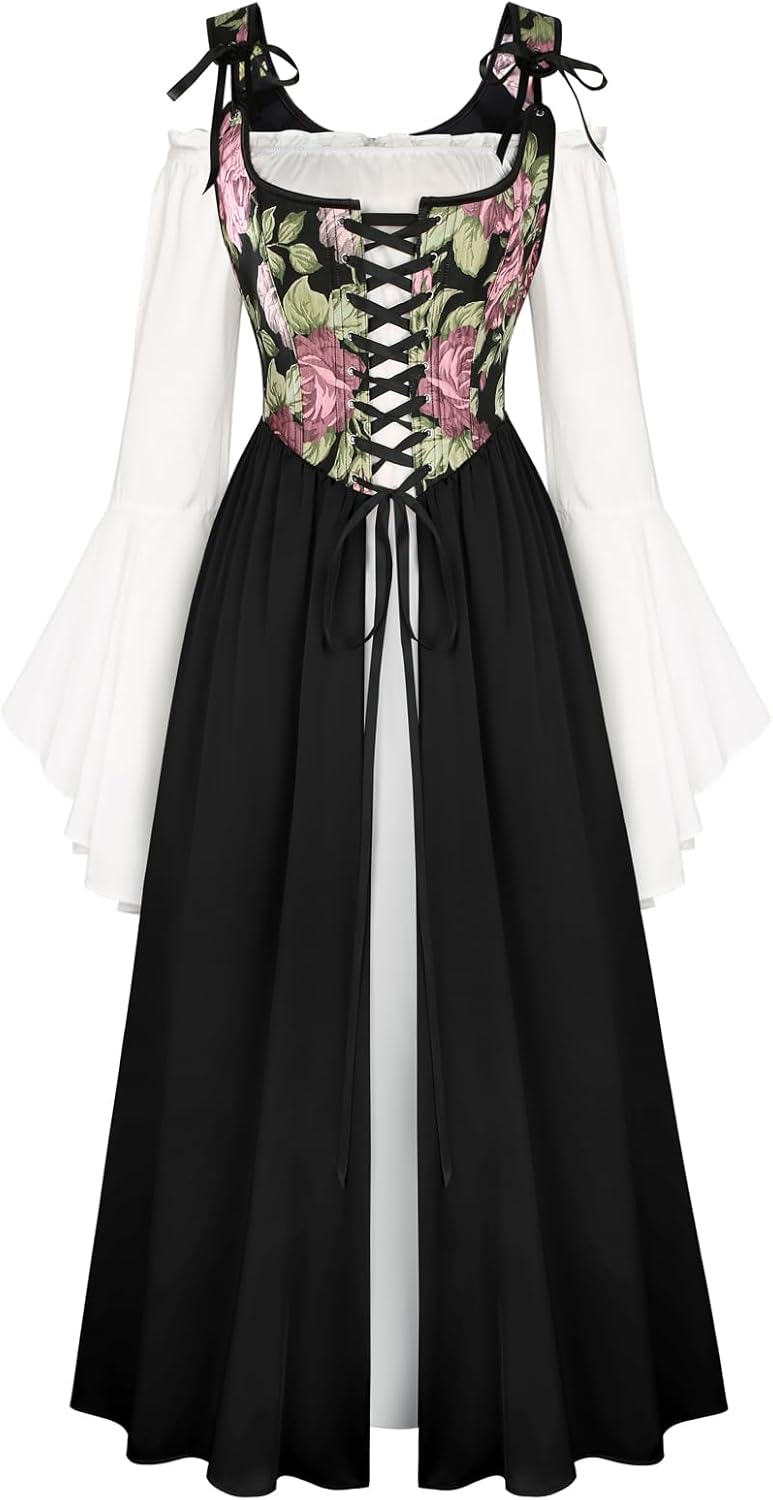 Scarlet Darkness Women Renaissance Costume Floral Lace Up Bell Sleeve Peasant Medieval Fairy Dress
