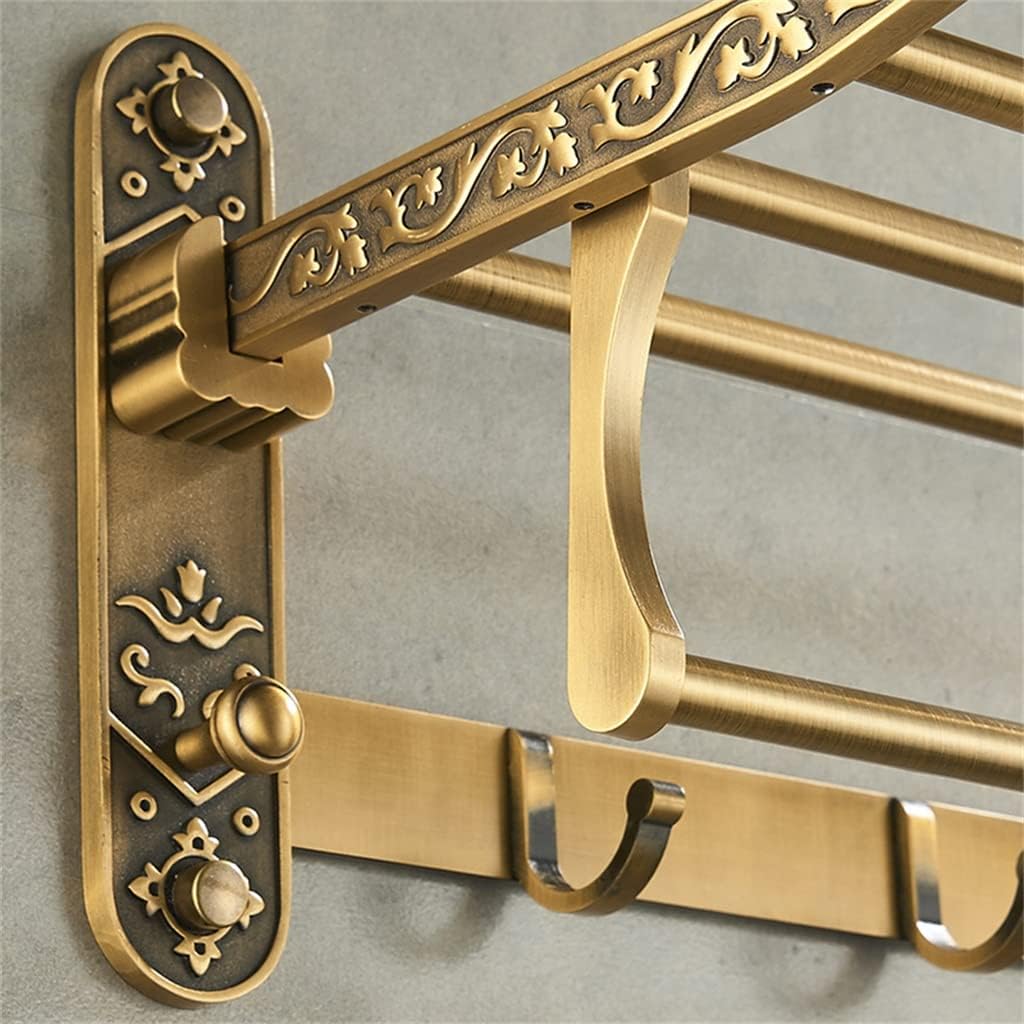 Nail Free Foldable Antique Brass Bath Towel Rack Active Bathroom Holder Shelf with Hooks Accessories