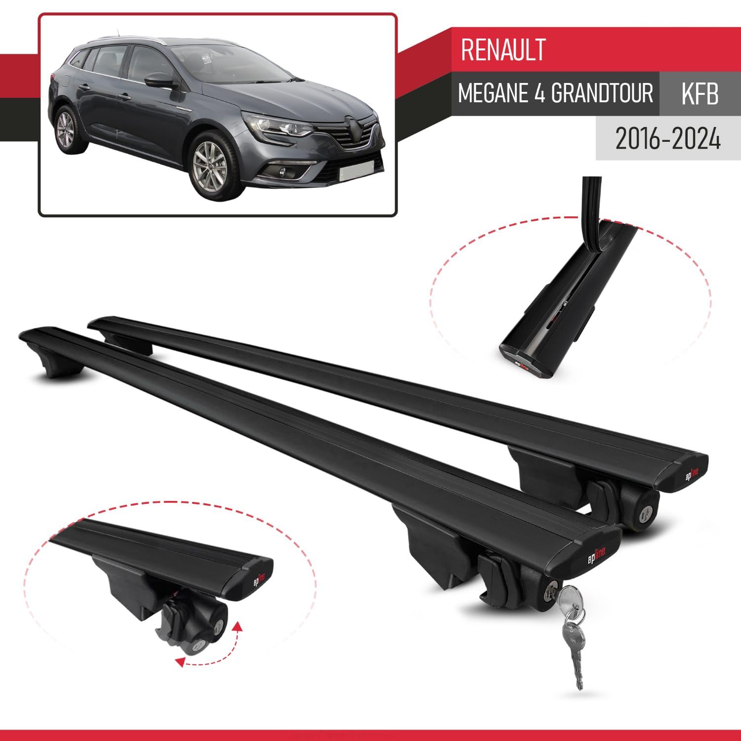 Kompatybilny z Renault Megane 4 (KFB) Grandtour 2016-2023 HOOK Model Aluminiowy bagażnik dachowy 2 poprzeczki, czarne