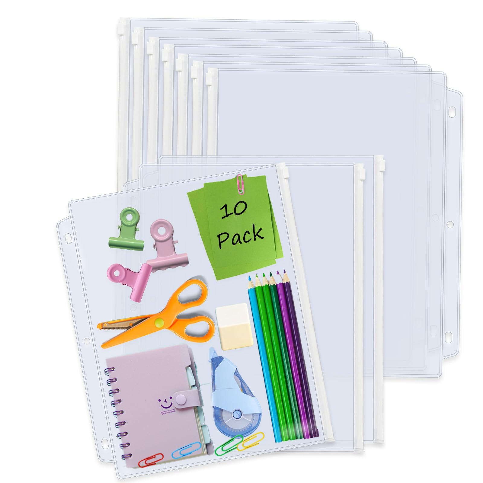 Binditek 10 Pack Plastic Zippered Binder Pockets, 3-Hole Punched for 3 Ring Binder, Clear PVC with White Zippers, Waterproof Loose Leaf Bag Pouch for Document Filing and Storage