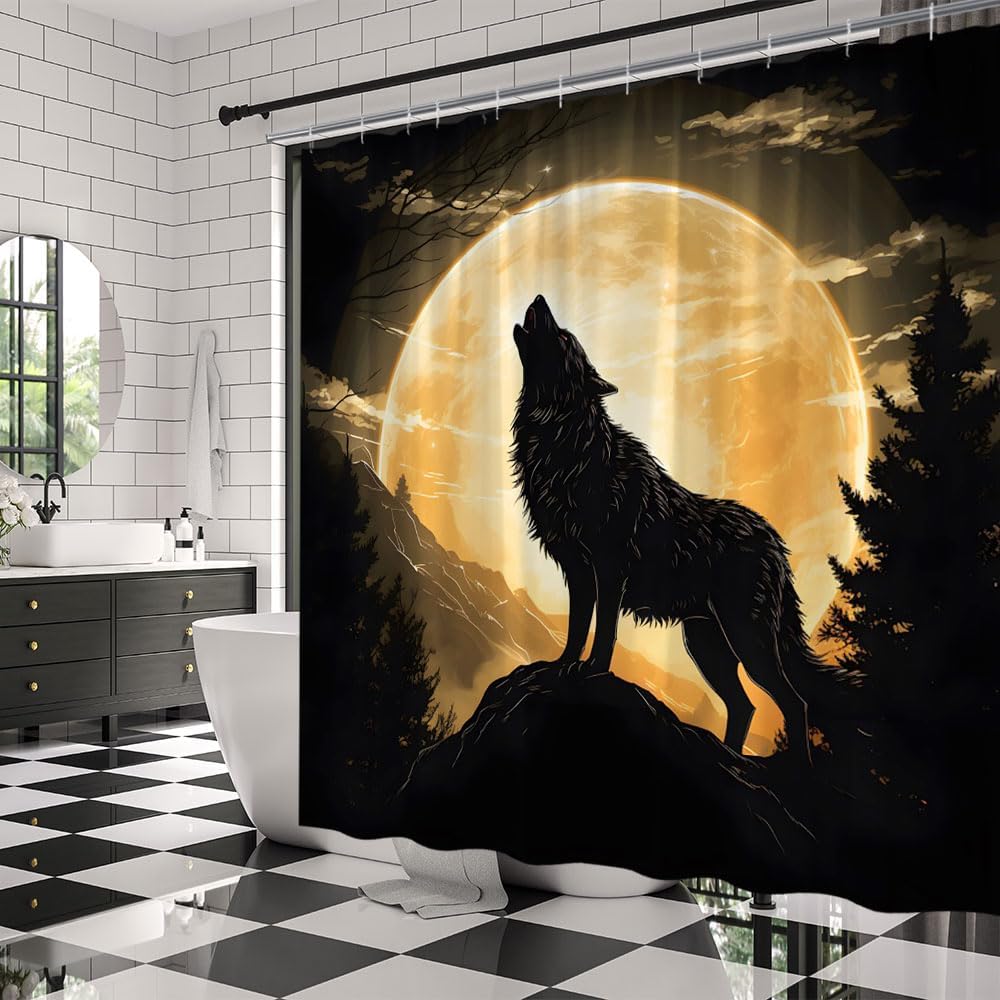 Wolf Shower Curtain Full Moon Forest Wild Animals Howling Silhouette Fantasy Starry Sky Mystic Scary Scene Fabric Bathroom Decor Curtains with Hooks,70 x 80