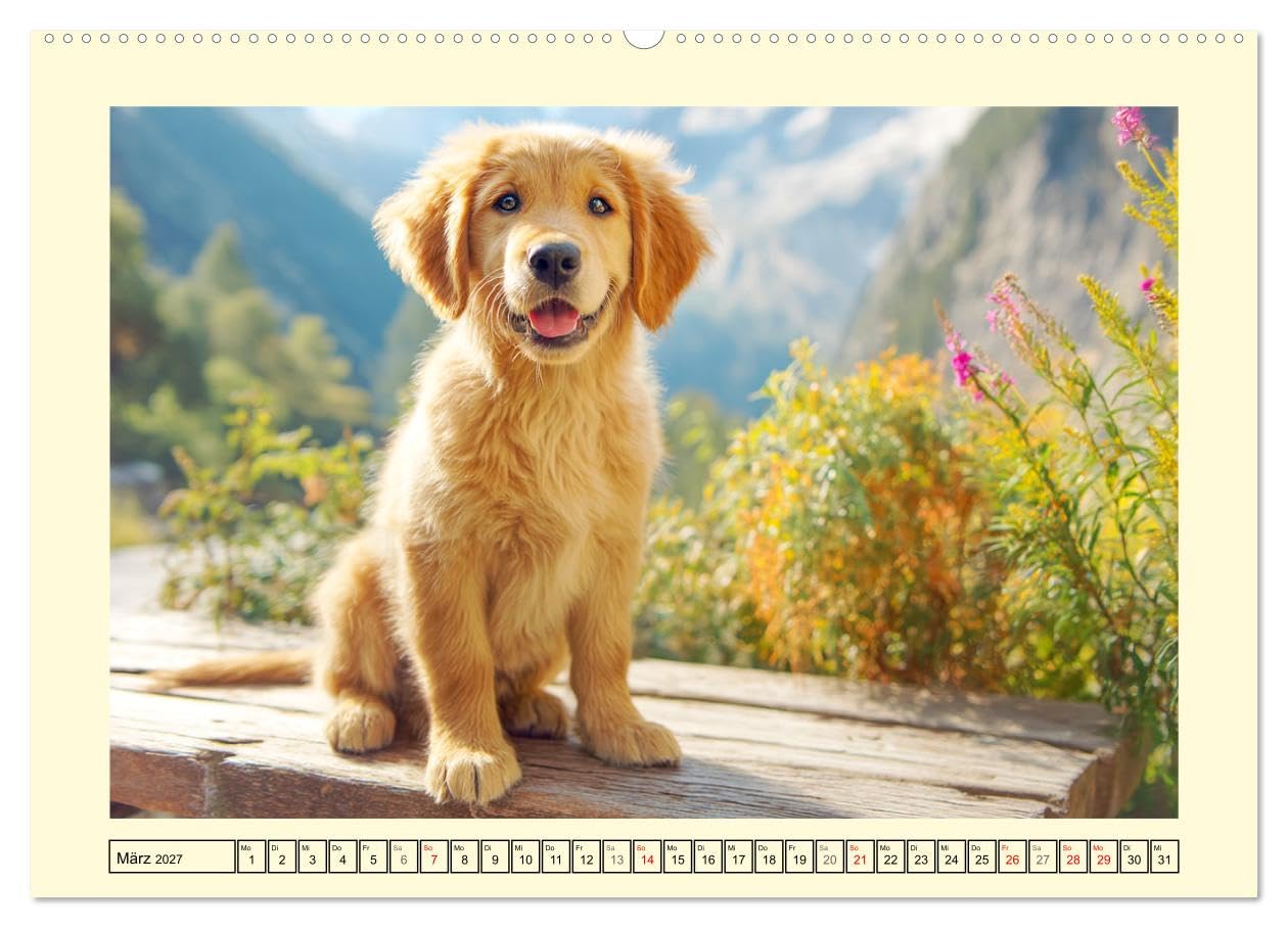 CALVENDO - Golden Retriever. Treue Seelenhunde in der Bergwelt (hochwertiger Premium Wandkalender 2027 DIN A2 quer), Kunstdruck in Hochglanz: Inmitten der majestätischen Alpenkulisse zeigen diese toll