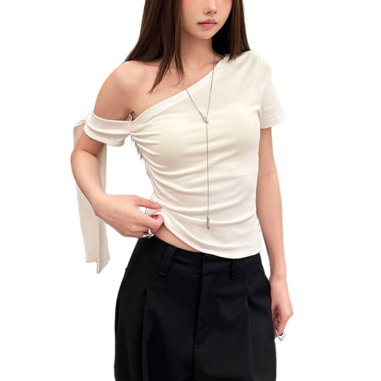 Kobieca asymetryczna bluzka z odkrytym ramieniem krótka slim fit topy w stylu Y2k odzież na imprezy i do klubów