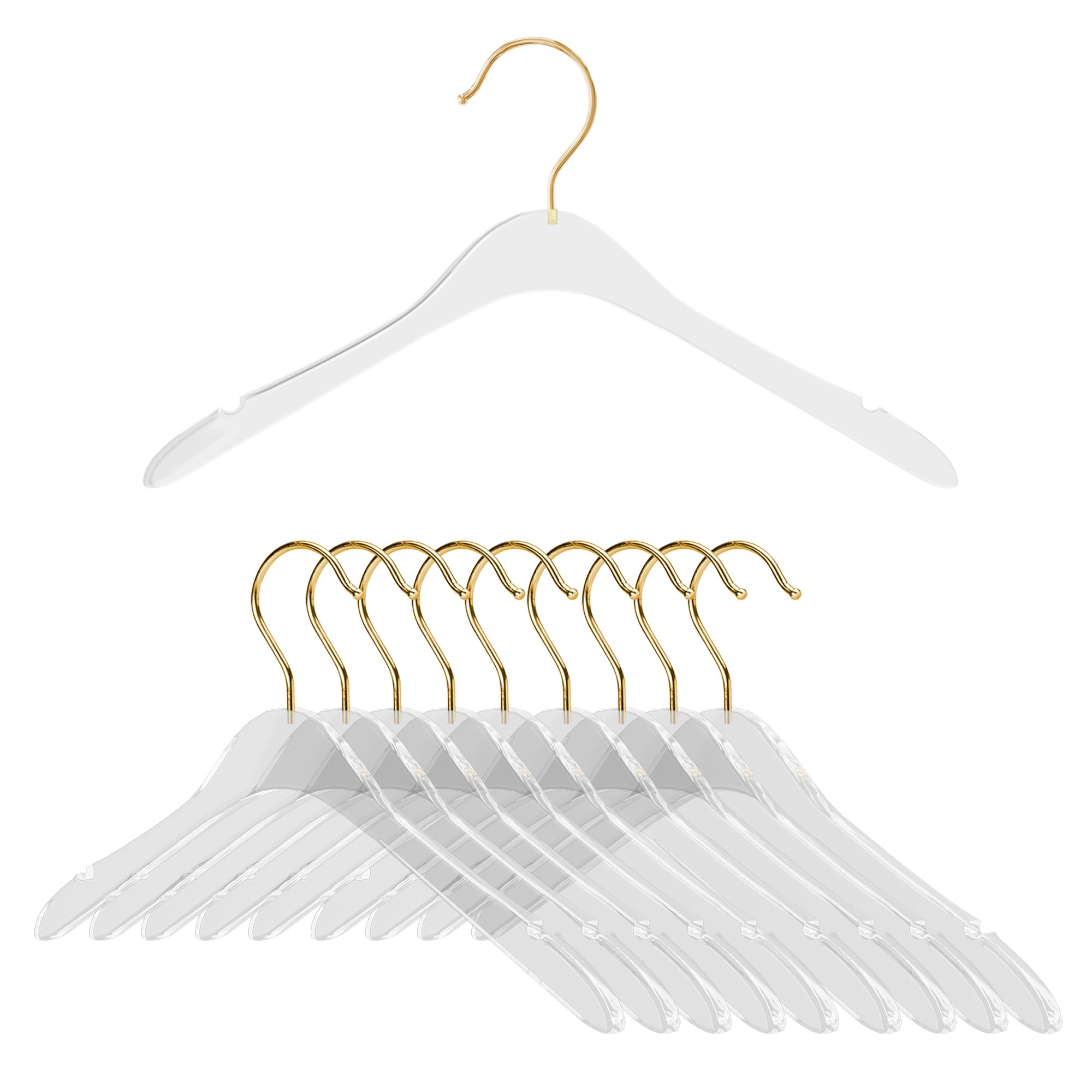 Tcatec 10 Pack Acrylic Hangers, Clear Acrylic Space Saving Clothes Hangers with Golden Hooks, Standard Hangers, Bulk Hangers for Clothing Display, Transparent Coat Hangers for Suit, Dress, Pants