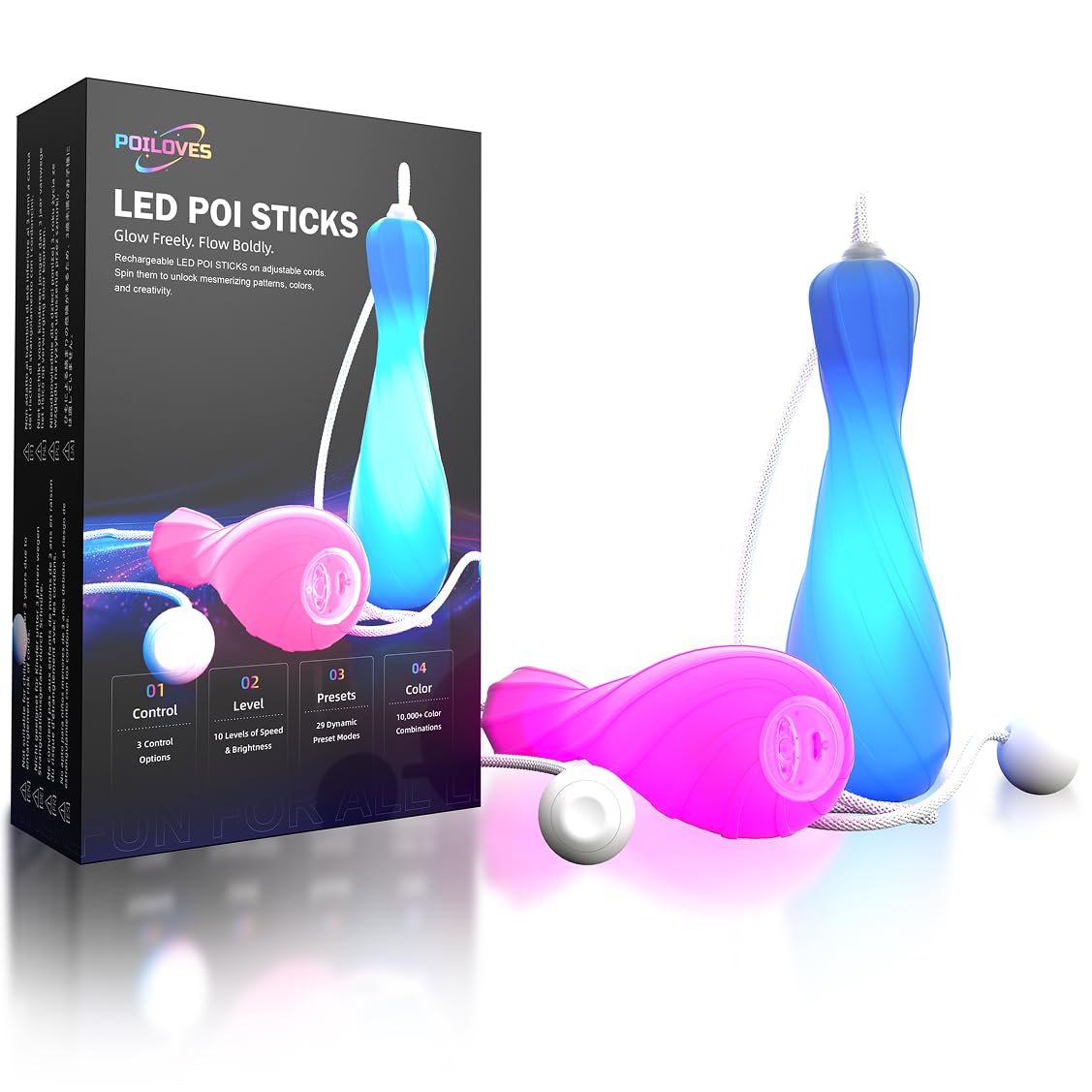 Photo 1 of LED Poi Sticks 241 Modes & Music Sync | 10,000+ Customizable Colors Poi Balls | USB Rechargeable Led Poi for Raves/Festivals