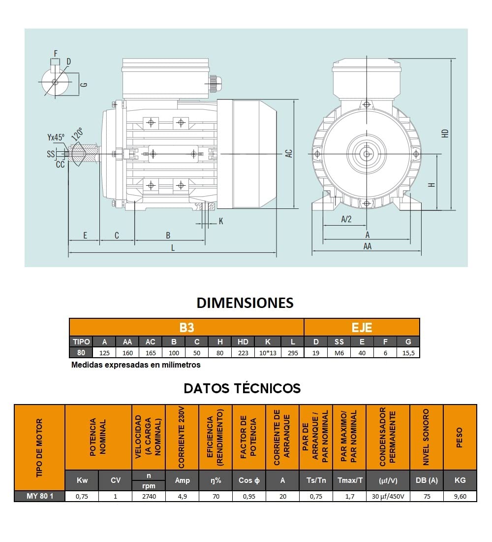 MOTOR ELECTRICO CEMER MONOFASICO 3000 RPM 230V 0,75KW / 1CV B3 PATAS TAMAÑO 80 Ø DEL EJE 19mm ARRANQUE MEDIO