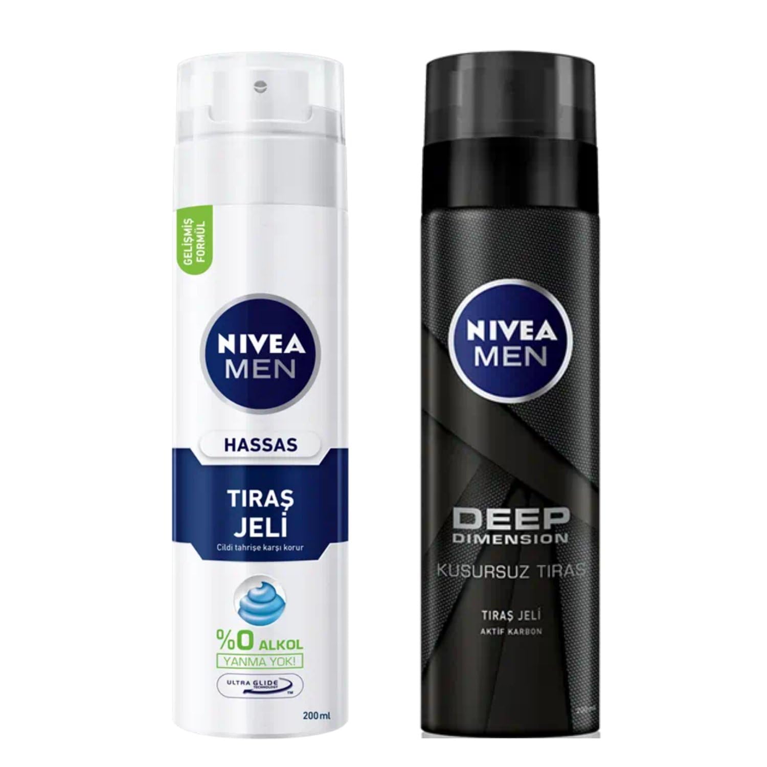 NIVEA Men Deep Dimension Tıraş Jeli, 200 ml, Kusursuz Tıraş X2 + NIVEA Men Hassas Tıraş Jeli 200 ml, Hassas Ciltlere Özel Hızlı Koruma, Yanma Karşıtı, Alkolsüz Formül