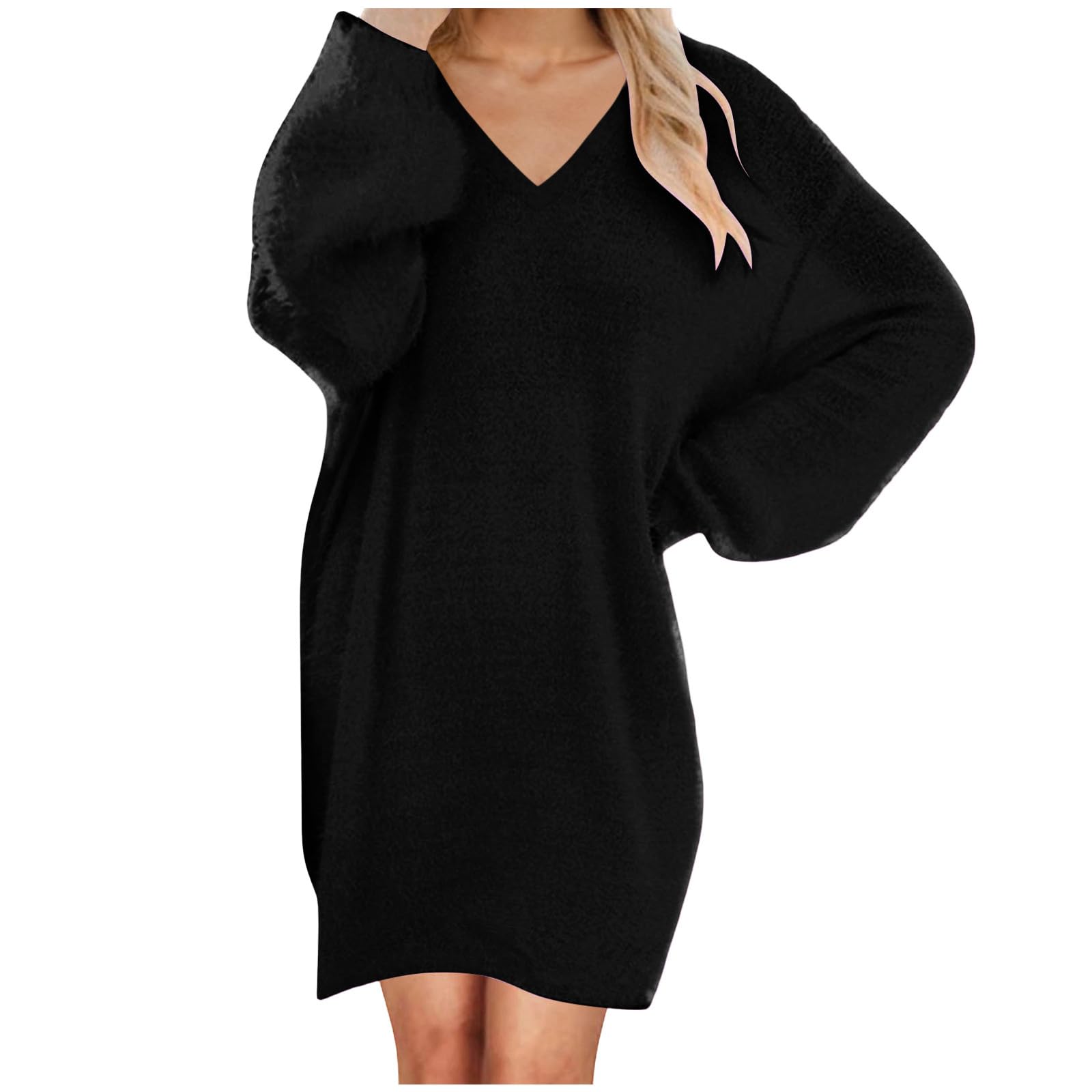 Sinzelimin Womens Fuzzy Pullover Sweater Dresses Fashion Fleece Thermal Warm Long Sleeves V-Neck Soft Comfy Sweatshirt Dress