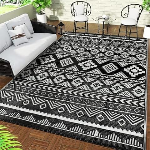 Falflor 5x8 Ft Outdoor Plastic Area Rug Waterproof Outdoor Rug Reversible Mat for Patio Plastic Straw RV Mat Indoor Outdoor Area Rug for Balcony Camping Beach Picnic(Black&Camel) Cover