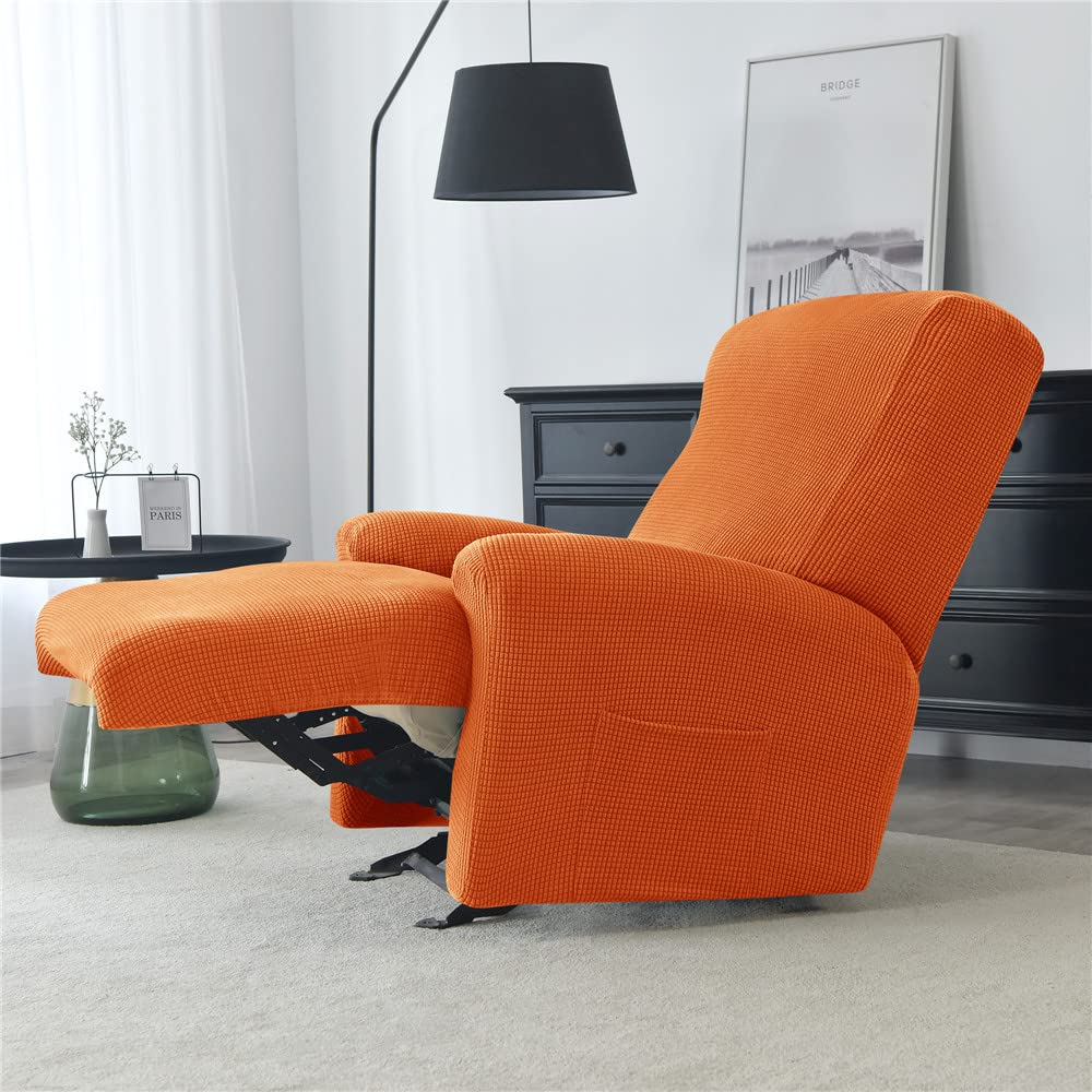 Highdi Copripoltrona Relax Reclinabile Completo 4-Pezzo Fodera per Poltrona Elasticizzato 1 Posto con Tasche, Coprisedile Poltrona Vello di Mais Lavabile Antiscivolo Copripoltrona (Arancia