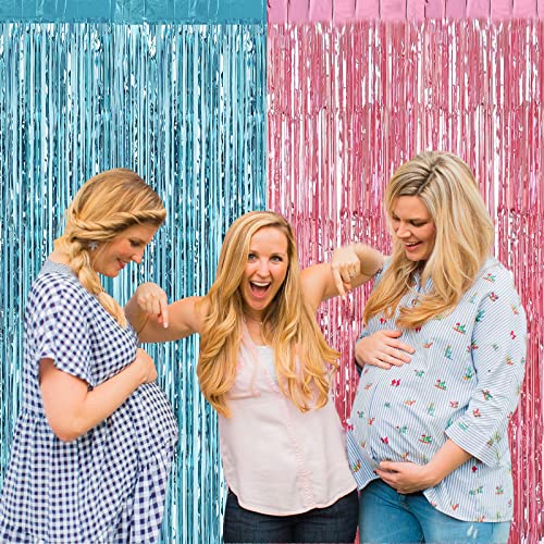 Image of 4 Pack 3.2Ft x 6.6Ft Pink Blue Fringe Curtain Backdrop, Metallic Tinsel Foil Fringe Streamers Curtains Background for Photo Booth Wedding Gender Reveal Backdrop Boy or Girl Birthday Party Decoration
