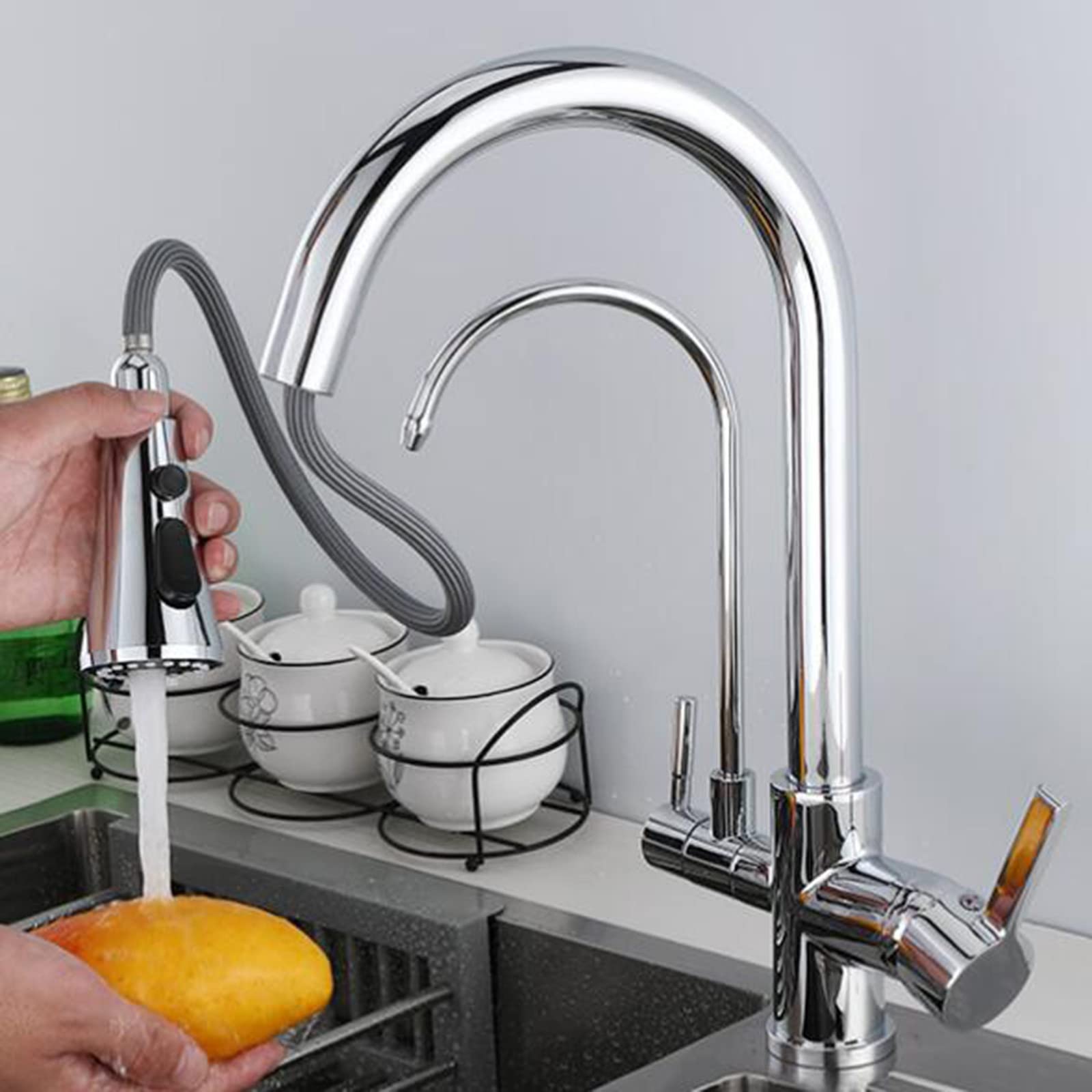 ZQFHSX Kitchen taps 3 Way Pull Out Brass Swivel hot Water and Cold Purifier Faucet-Brushed