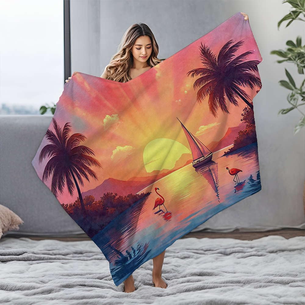 BDIS Personalized Baby Blanket Sunset Serenity with Sailboat and Flamingos Flannel Blanket Personalized Baby Blanket Cute Throw Blanket(125x150cm)
