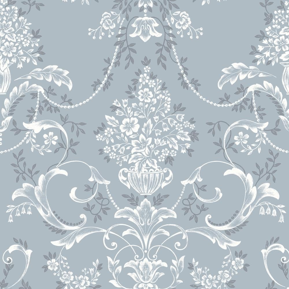 Amelie Damask Floral Blue Wallpaper - Flowers Naturistic Botanical Classic Traditional - Stylish Feature Wall