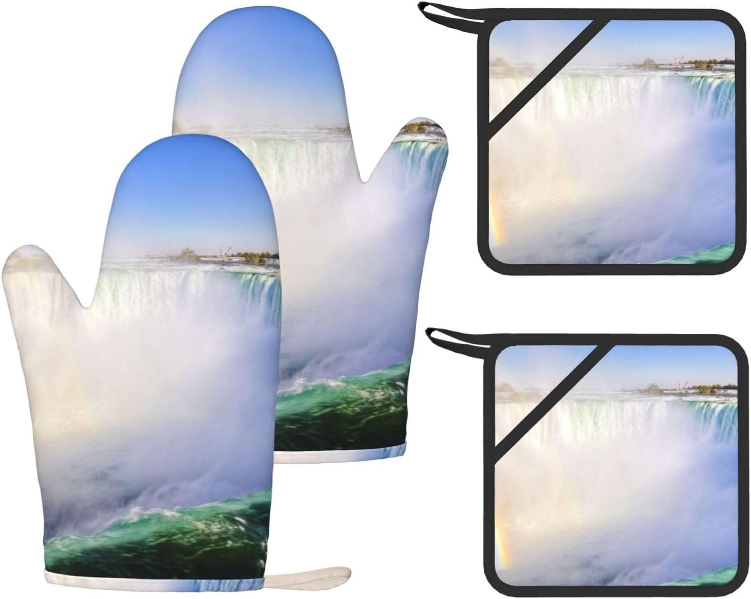 Waterfall and Rainbow Oven Mitts and Pot Holders Set of 4 Heat Resistant Kitchen Gloves with Silicone Palm Hot Pads for Baking Cooking Grilling BBQ