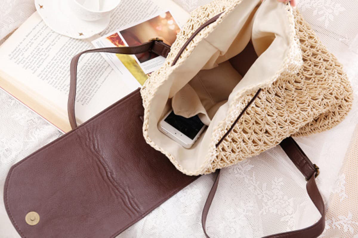 Zaino estivo da donna, in paglia, alla moda, beige, con tracolla intrecciata, da spiaggia