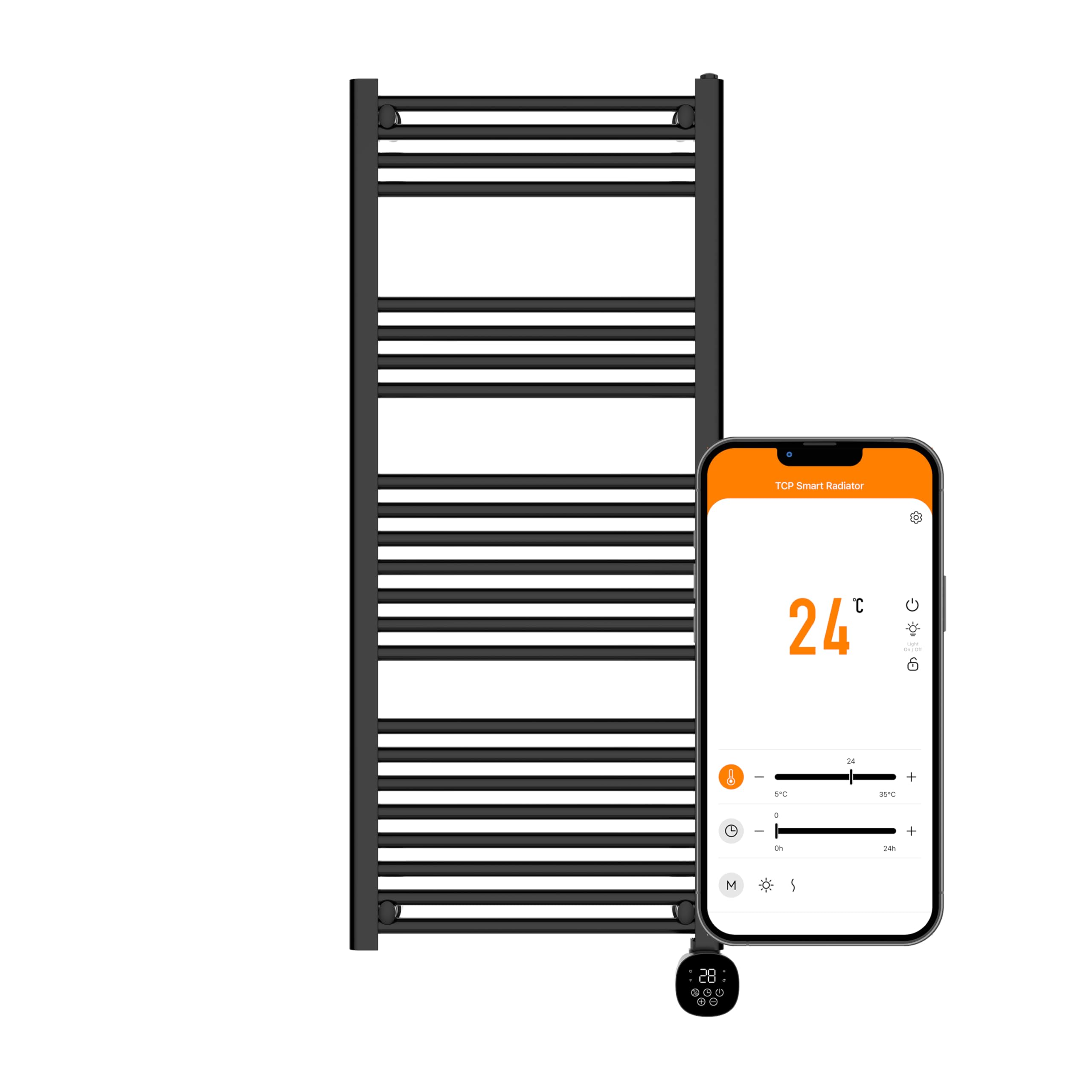 TCP Smart Modern Black Ladder Style Towel Rail Radiator 1000W App Control Works with Alexa, Google Home & Siri Shortcuts, WiFi, IP24 Bathroom, Towel Warmer, Screen, Timer & Smart Schedule 500 x 1250mm