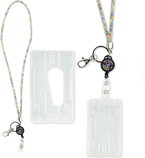 Card Holder with Crystal Lanyard, Crystal Lanyard with Transparent ID Card Holder, Lanyard and Badge Holder Set, Keyring Badge Holders and Neck Strap for Keys ID Badge White