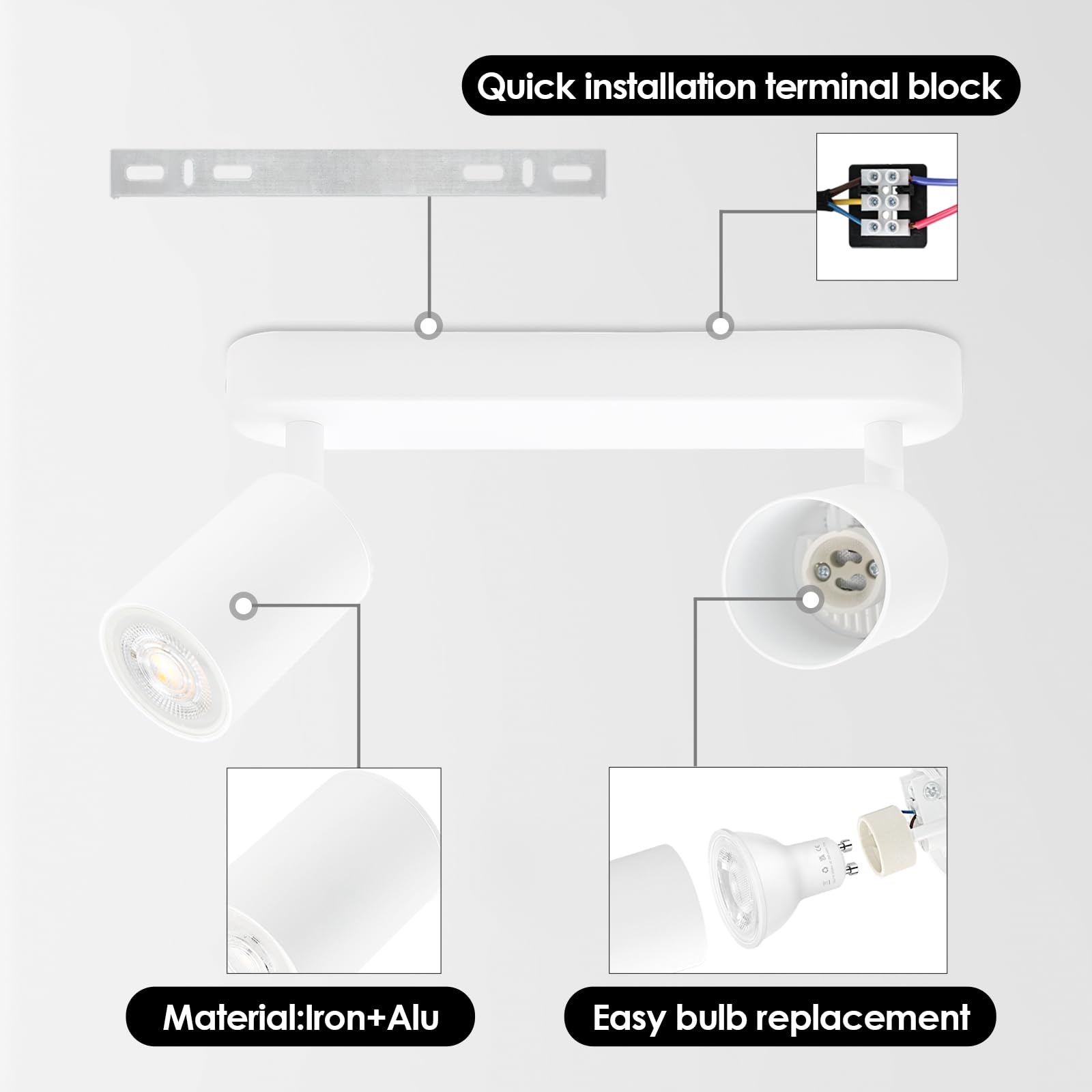 KYOTECH Lámpara de techo blanca con 2 focos Lámpara de techo LED de 5W orientable y giratoria incluida bombilla GU10 3000K 420LM Focos de techo para cocina, dormitorio, sala de estar