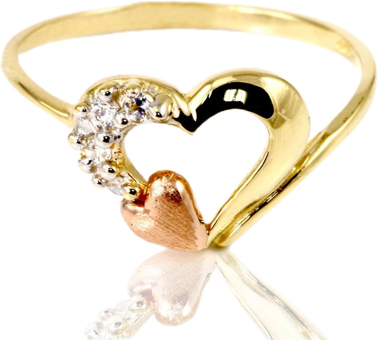 14k Two Tone Gold Heart In Heart Side CZ Ring