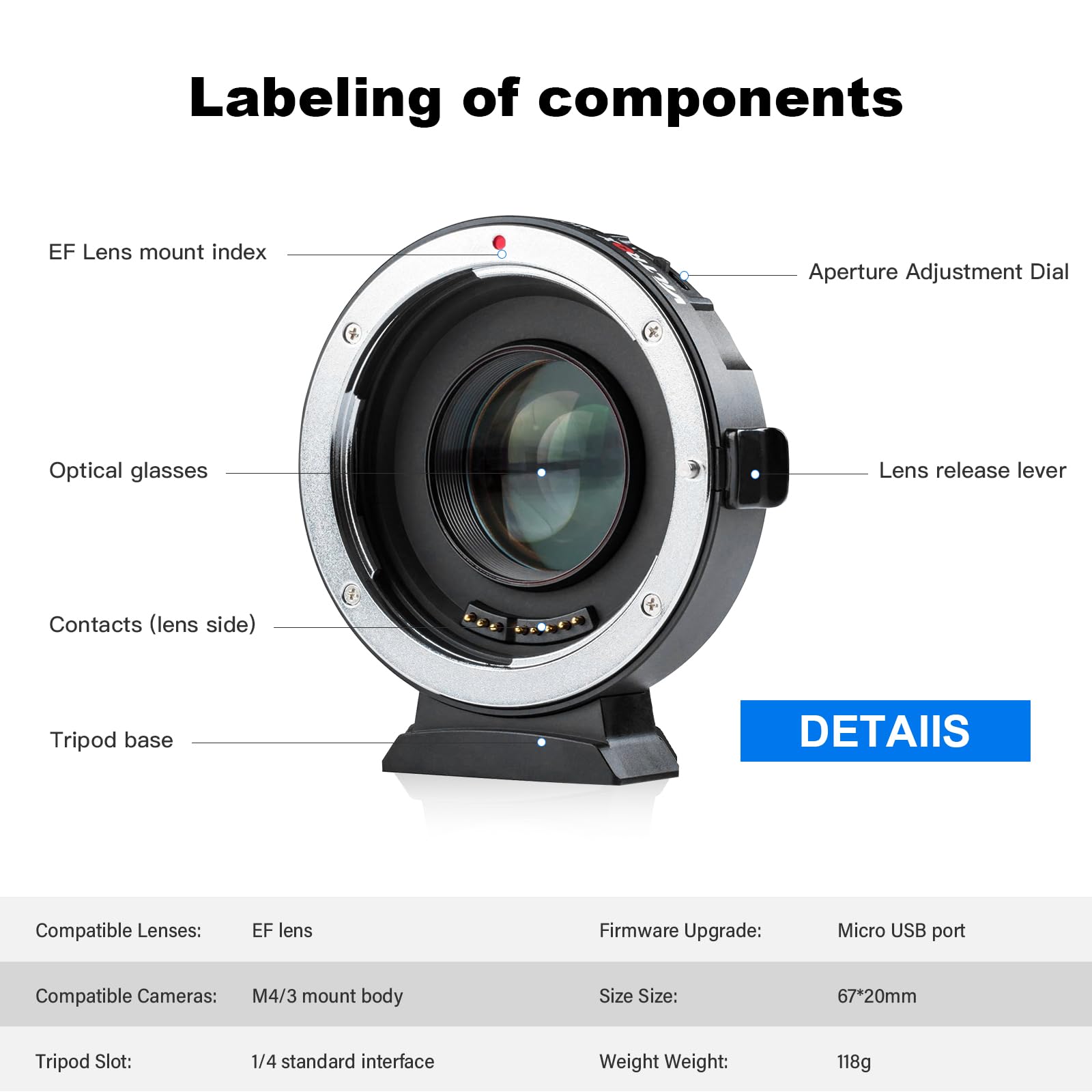 VILTROX EF-M2 II Adaptateur Objectif Autofocus électronique EF-M43 Adaptateur AF 0.71x Speed-Booster pour Objectif Canon EF sur Lumix Olympus M43 GH5/GH5S/GH4/GF5/GF1/GX9/G9/E-M1 II/E-M10 II/E-M5