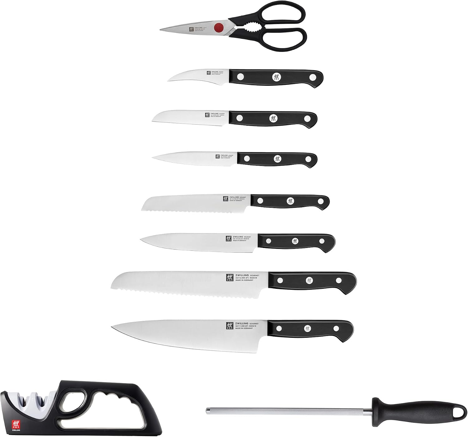 ZWILLING Gourmet 10-Piece Razor-Sharp German Knife Block Set with 2-Stage Pull-Through Sharpener, Made in Company-Owned German Factory with Special Formula Steel perfected for almost 300 Years