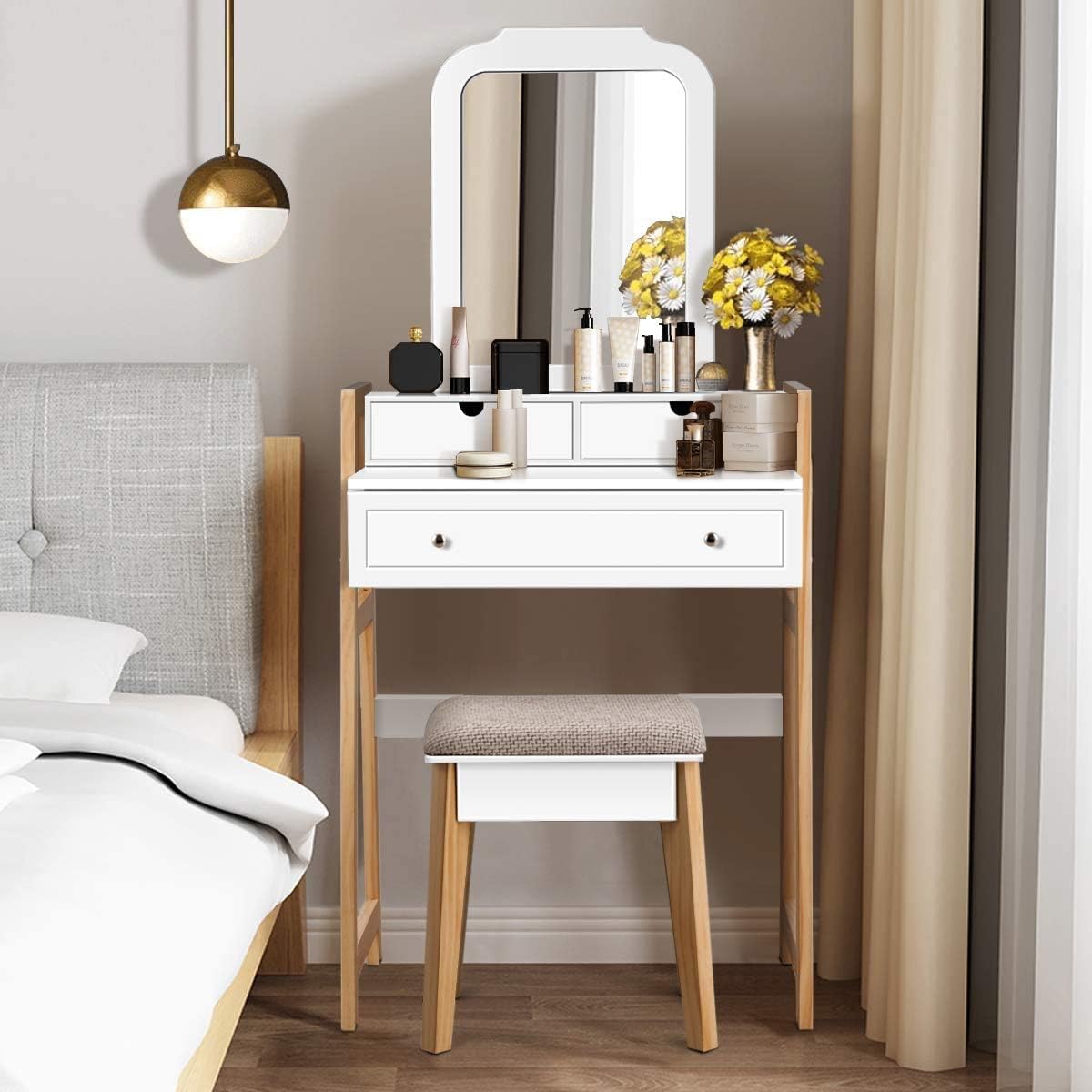 CHARMAID Small Vanity Desk with Mirror, White Makeup Vanity Desk with 3 Drawers, Adjustable Heights, Compact Bedroom Dressing Table with Stool for Small Space