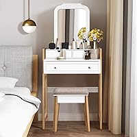 Vista 3 de CHARMAID Escritorio pequeño con espejo, escritorio de maquillaje blanco con 3 cajones, alturas ajustables, tocador compacto para dormitorio