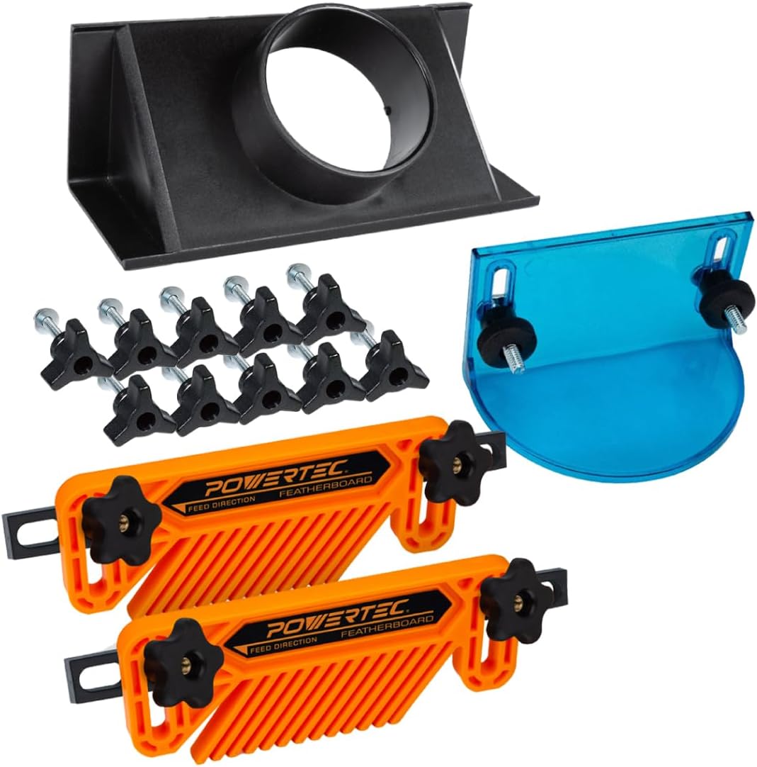 POWERTEC71914 Full Size Router Bit Guard with 2.5" ID Router Table Dust Port & 2-PC Router Fence/Table Featherboards, and 1/4"-20 T-Track Hex Bolt/Washer/Knob Kit