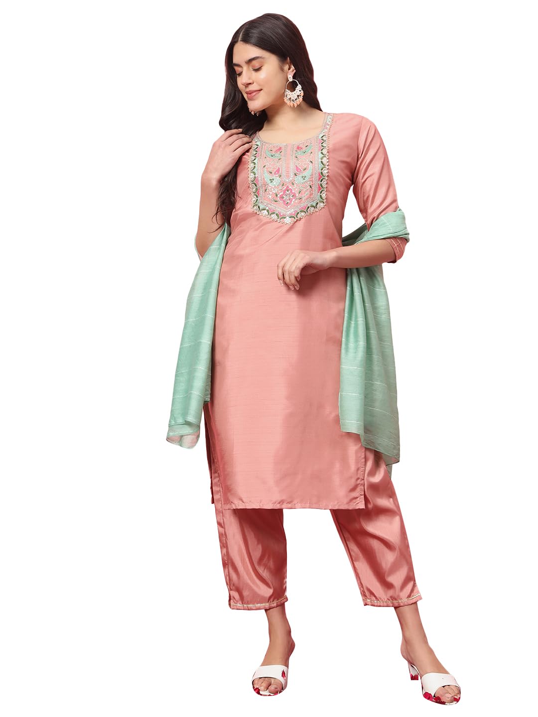 VredeVogel Women's Silk Blend Kurta Pant Set with Silk Embroidery Dupatta