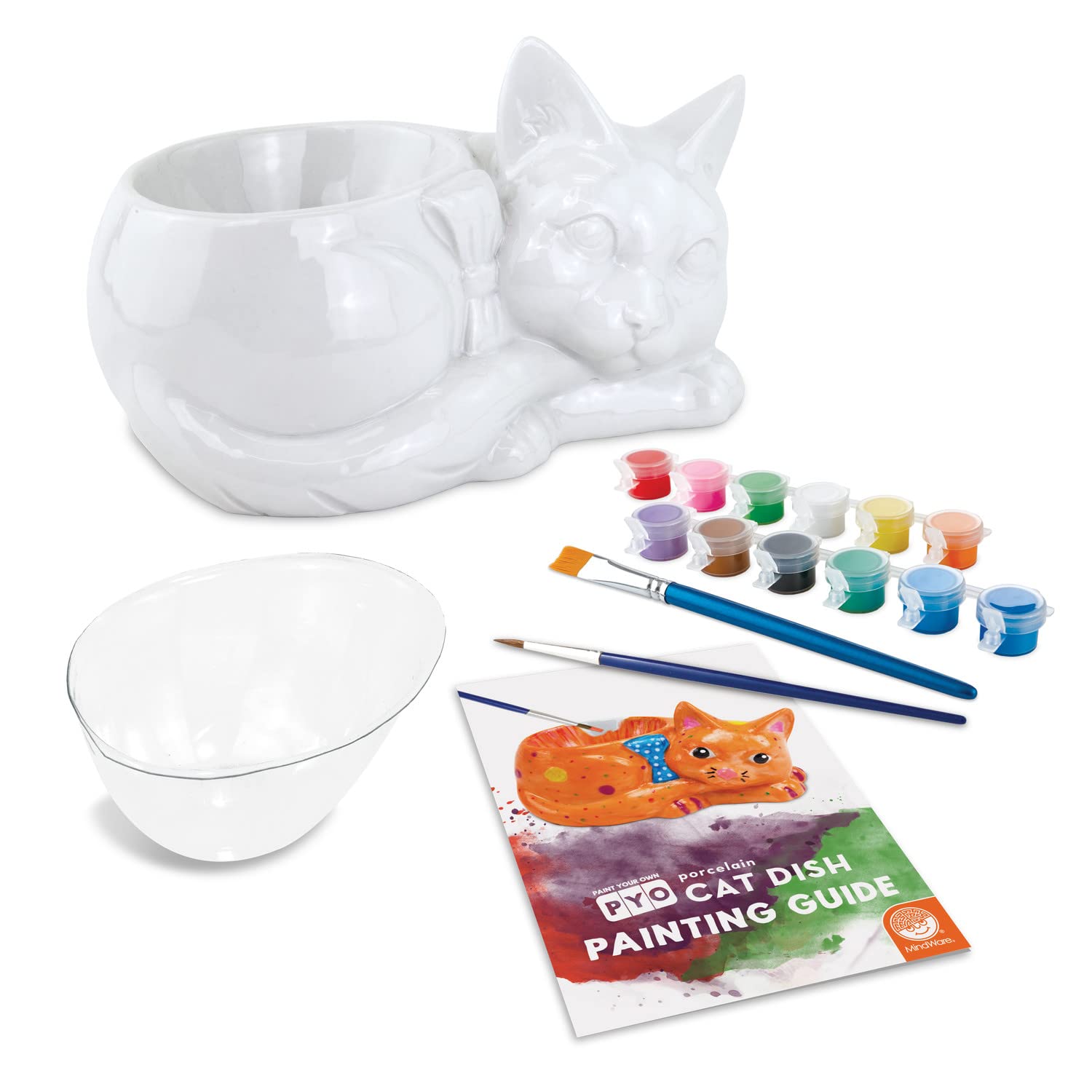 MindWare Paint Your Own Cat Dish – Figurines de peinture en porcelaine pour enfants, adolescents et adultes à partir de 8 ans – Comprend 12 peintures et 2 pinceaux
