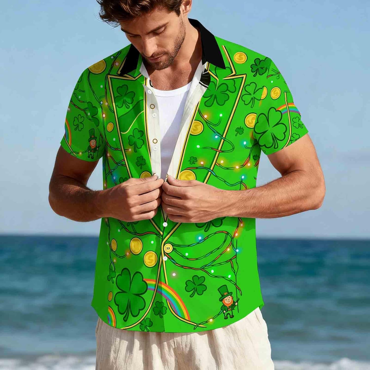 Men's Women's St. Patrick's Day Shirts Short Sleeve Button Down Party Shirts Unisex Shamrock Printed Blouse Tops
