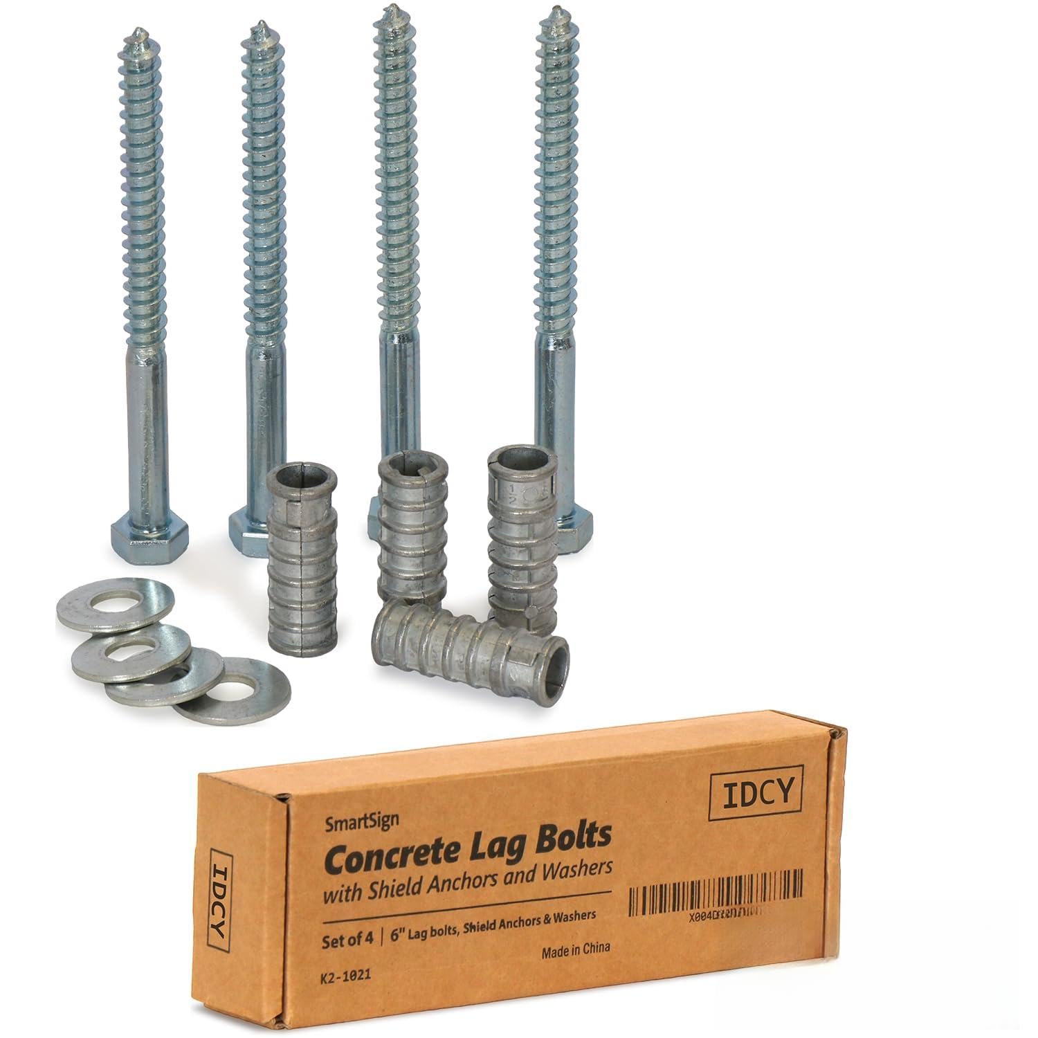 SmartSign Concrete Anchors Hardware Installation Kit for Parking Curb, Wheel Stop, Speed Bump - 6" Lag Bolts Screws, Lag Shield Anchors and Washers per Set (25 Sets Per Pack (100 Bolts/Pack))