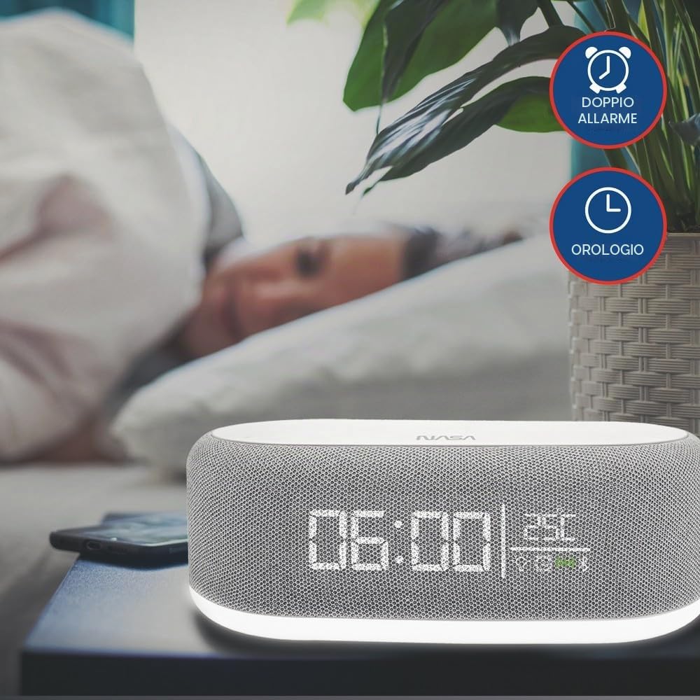 Nasa SPC400 Sveglia Bluetooth 5.0 con 2 Altoparlanti Stereo 5W RMS, Ricarica Wireless 15W, Doppio Allarme, Luce LED 3W, USB-C, Bianca/Grigia