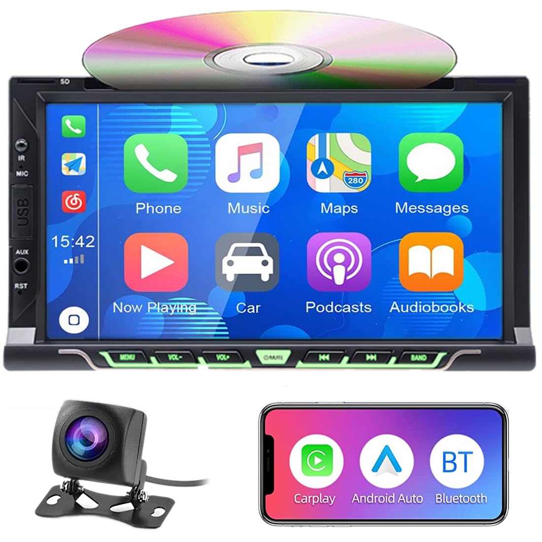 Autoradio Double Din de 7" pour CarPlay sans fil & Android Auto, récepteur lecteur CD/DVD pour voiture avec écran tactile, Bluetooth, caméra de recul, RDS/AM/FM,Mirror Link,Subwoofer,USB/AUX/SWC/DSP