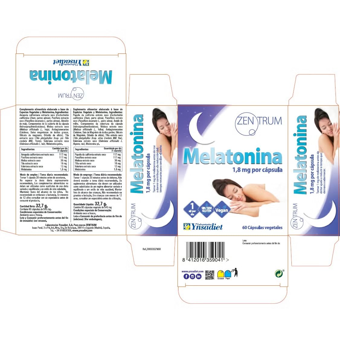 Ynsadiet Zentrum Melatonina Dulces Sueños - Pack Ahorro 2 x 60 Cápsulas - Con Amapola, Pasiflora, Melisa, Tila y Valeriana - 1.8mg Melatonina - Suplemento Natural para el Sueño