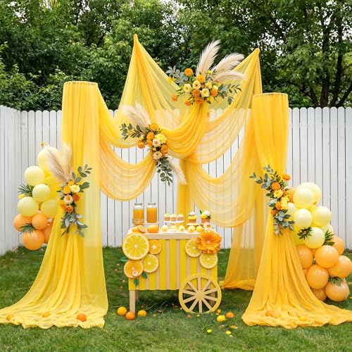 Image of Wedding Arch Draping Fabric, 2 Panels 30 inch x 20Ft Yellow Sheer Curtain Drapes Extra Wide & Long Backdrop Curtains for Bridal Shower Backdrop Outdoor Party Arches Church Ceremony Decoration